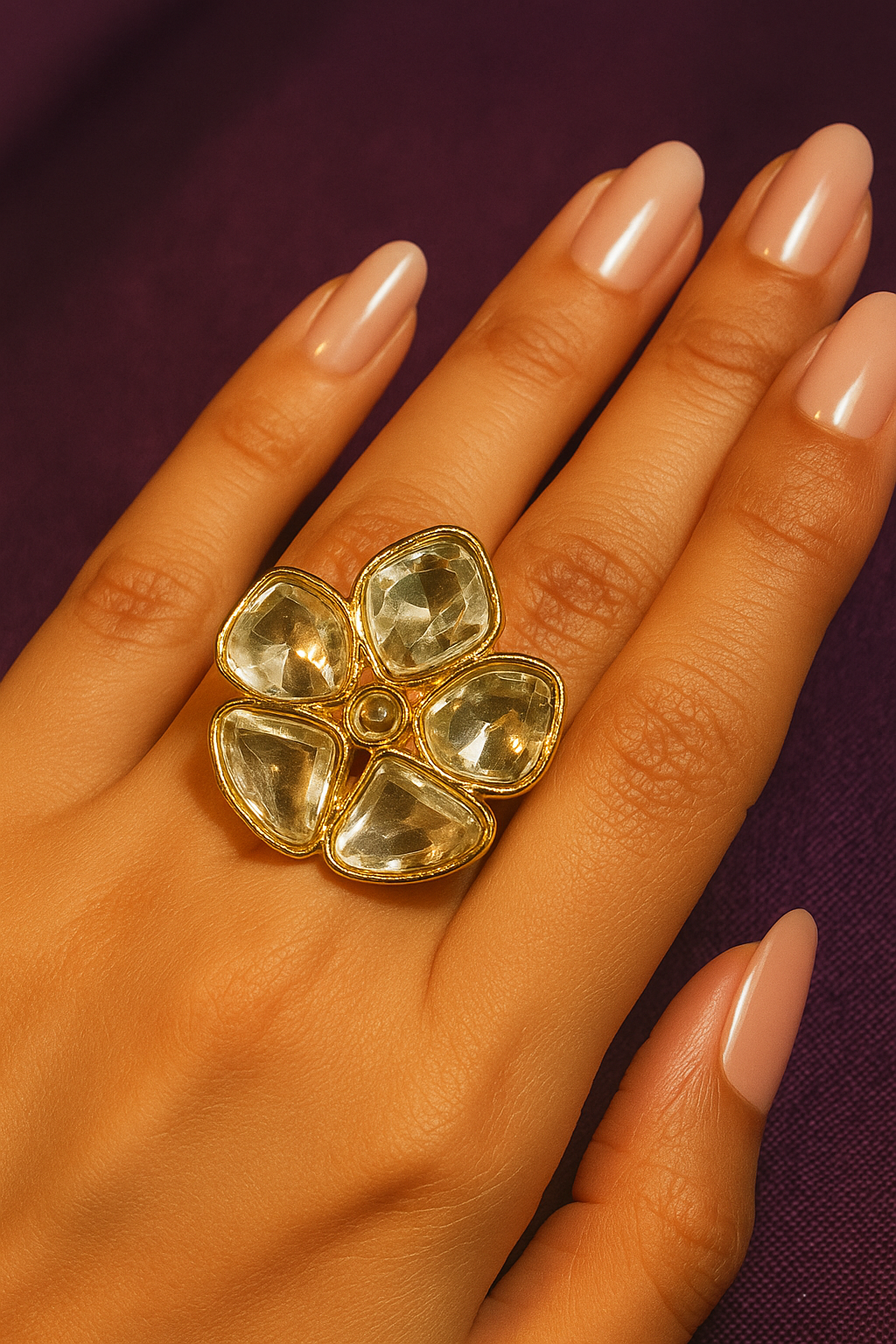 Floral Kundan Adjustable Ring – Clear Stone Flower Design